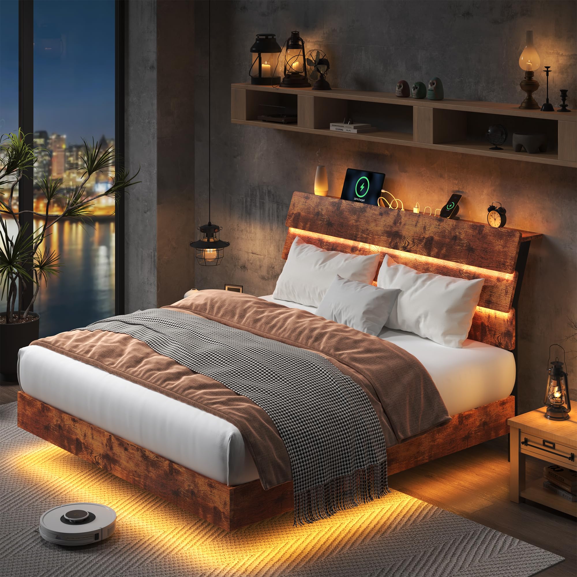 Feonase Floating Bed Frame Queen Size with Led Lights and Charging Station, Wood Queen Bed Frame with Storage Headboard, Heavy Duty Metal Slats, No Box Spring Needed, Easy Assembly, Black