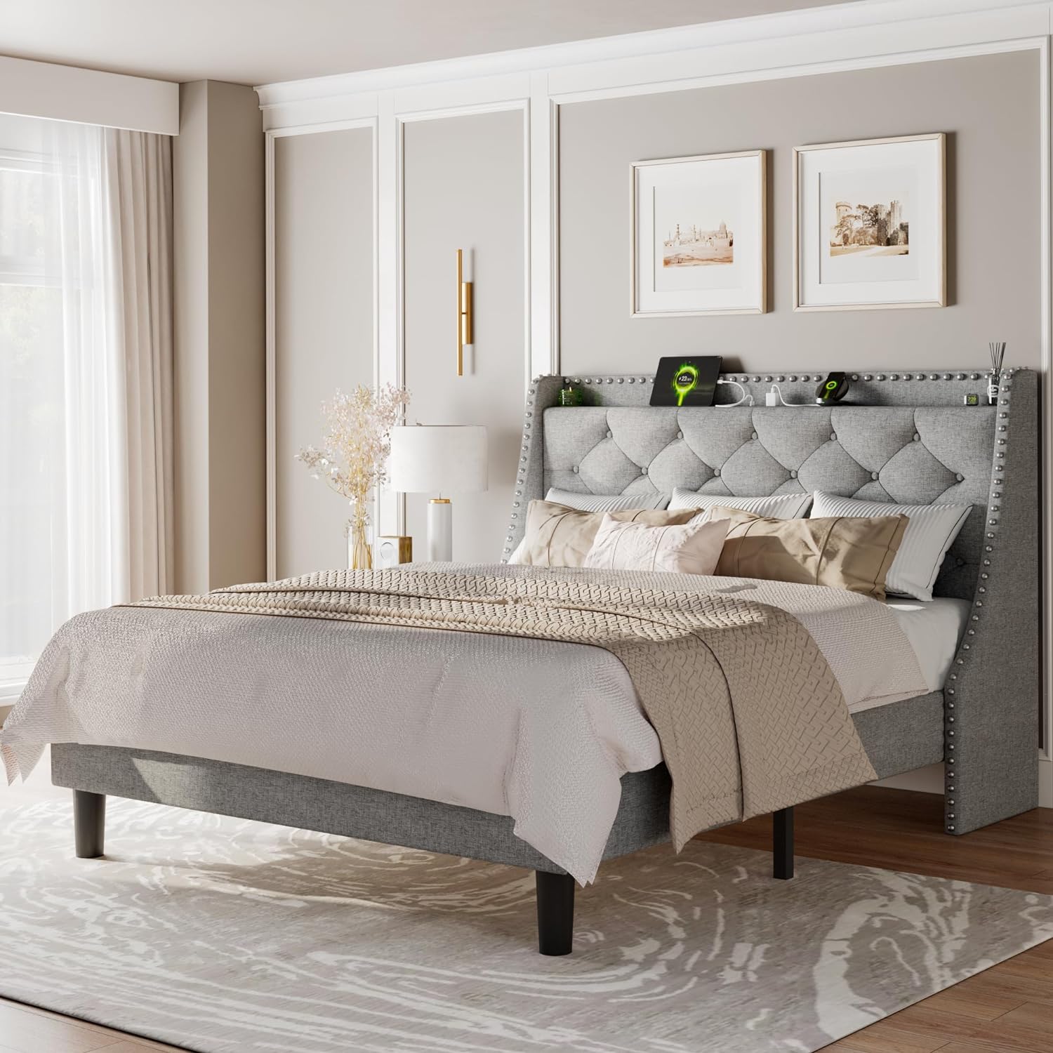 Feonase Bed Frame with Luxury Wingback and Charging Station