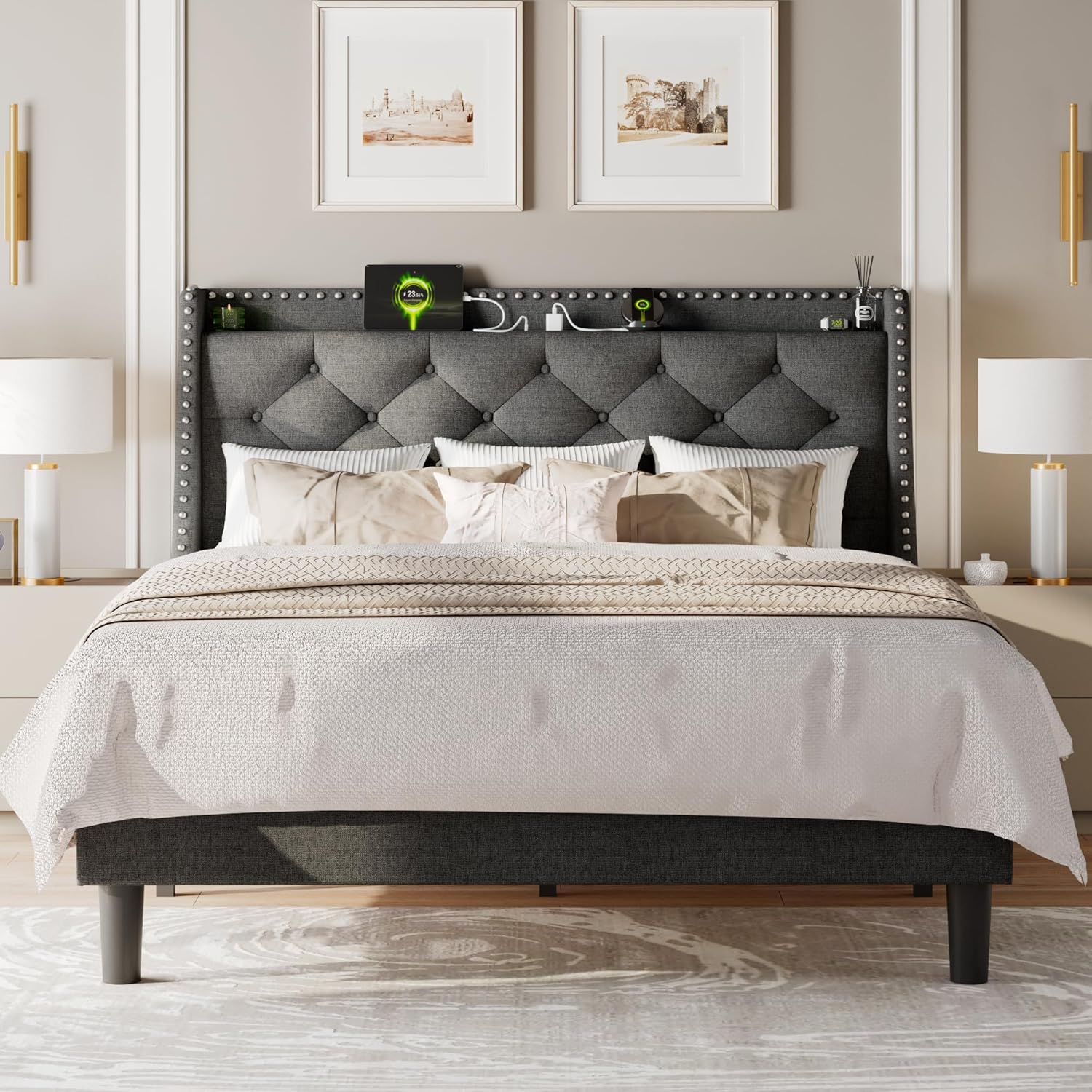 Feonase Bed Frame with Luxury Wingback and Charging Station