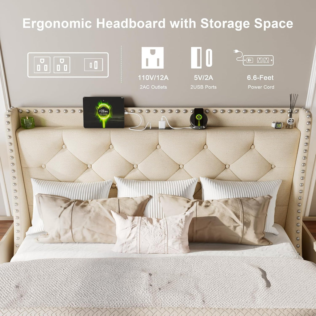 Feonase Bed Frame with Luxury Wingback and Charging Station