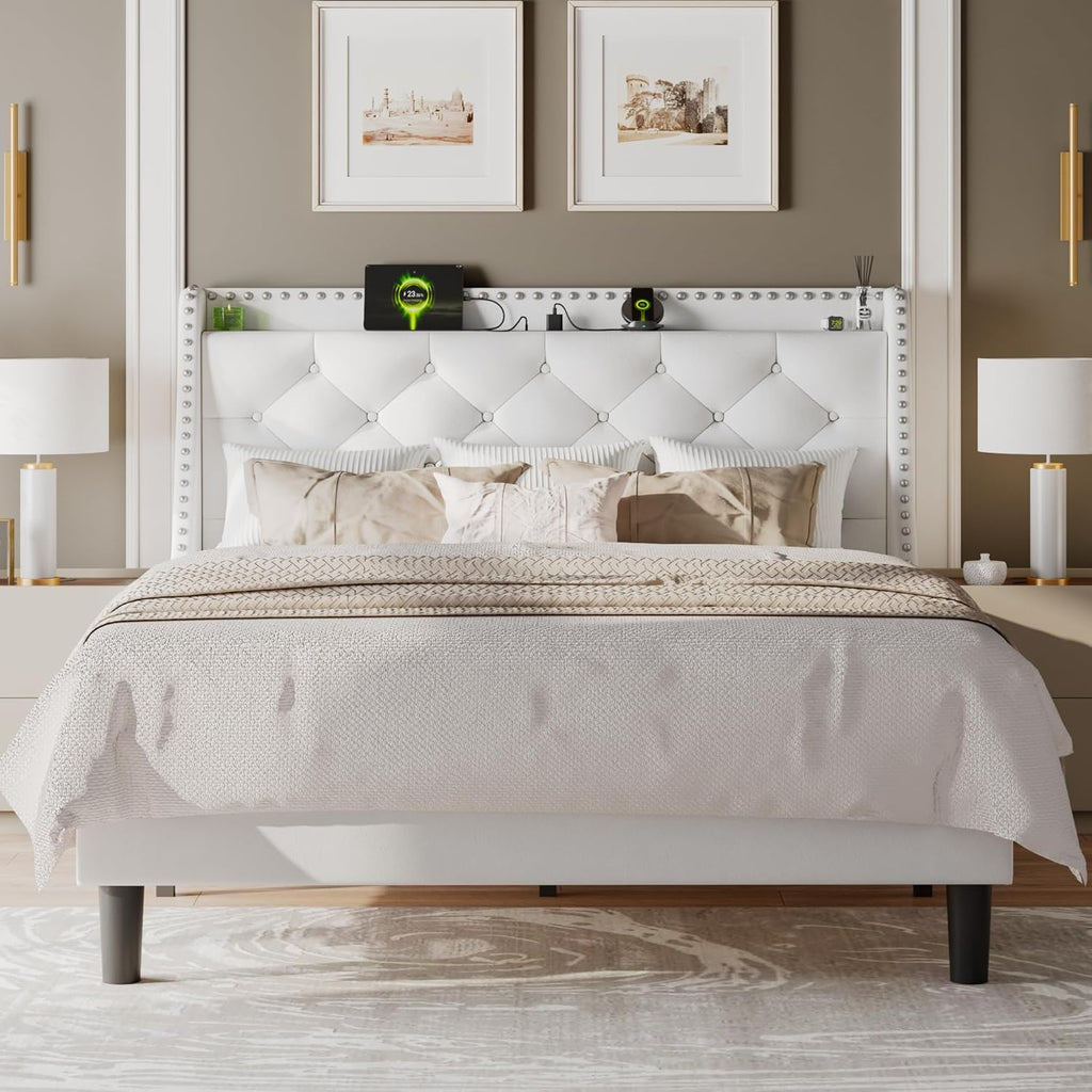 Feonase Bed Frame with Luxury Wingback and Charging Station
