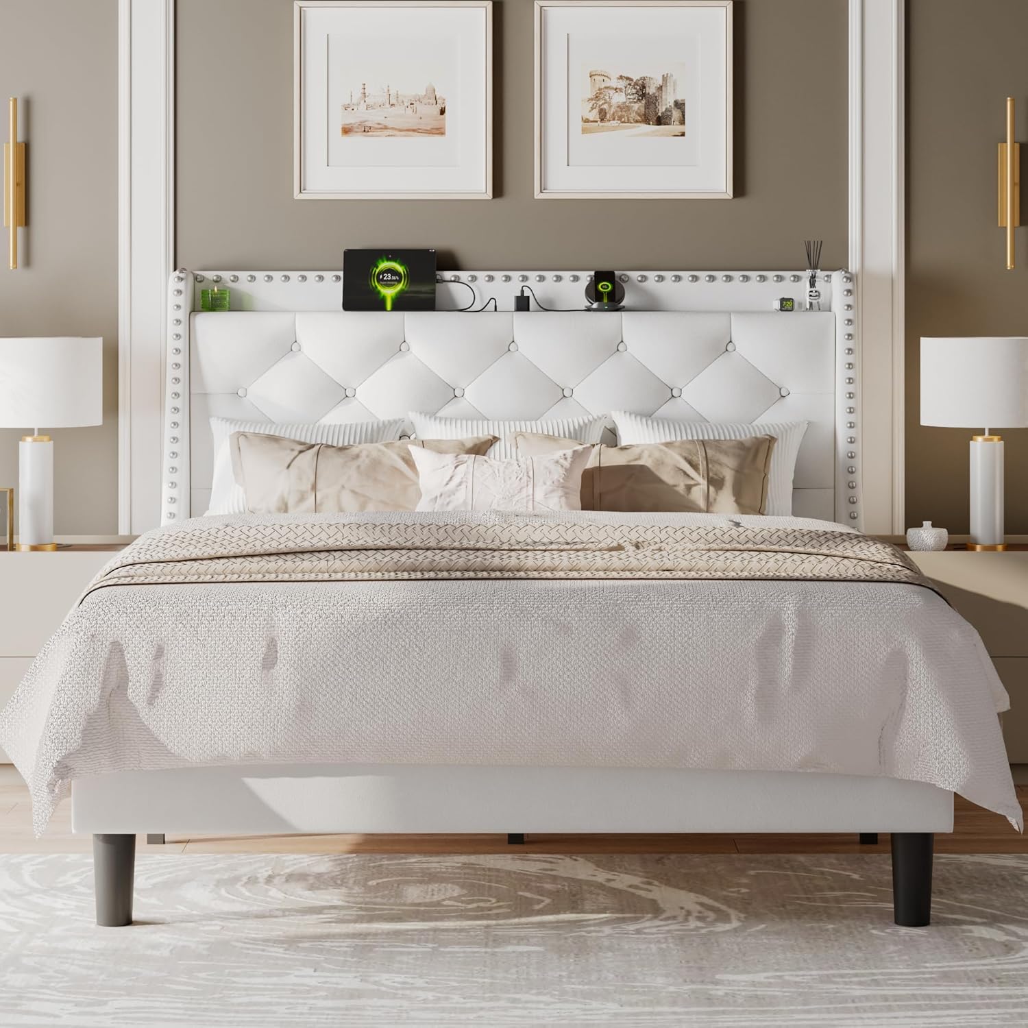 Feonase Bed Frame with Luxury Wingback and Charging Station