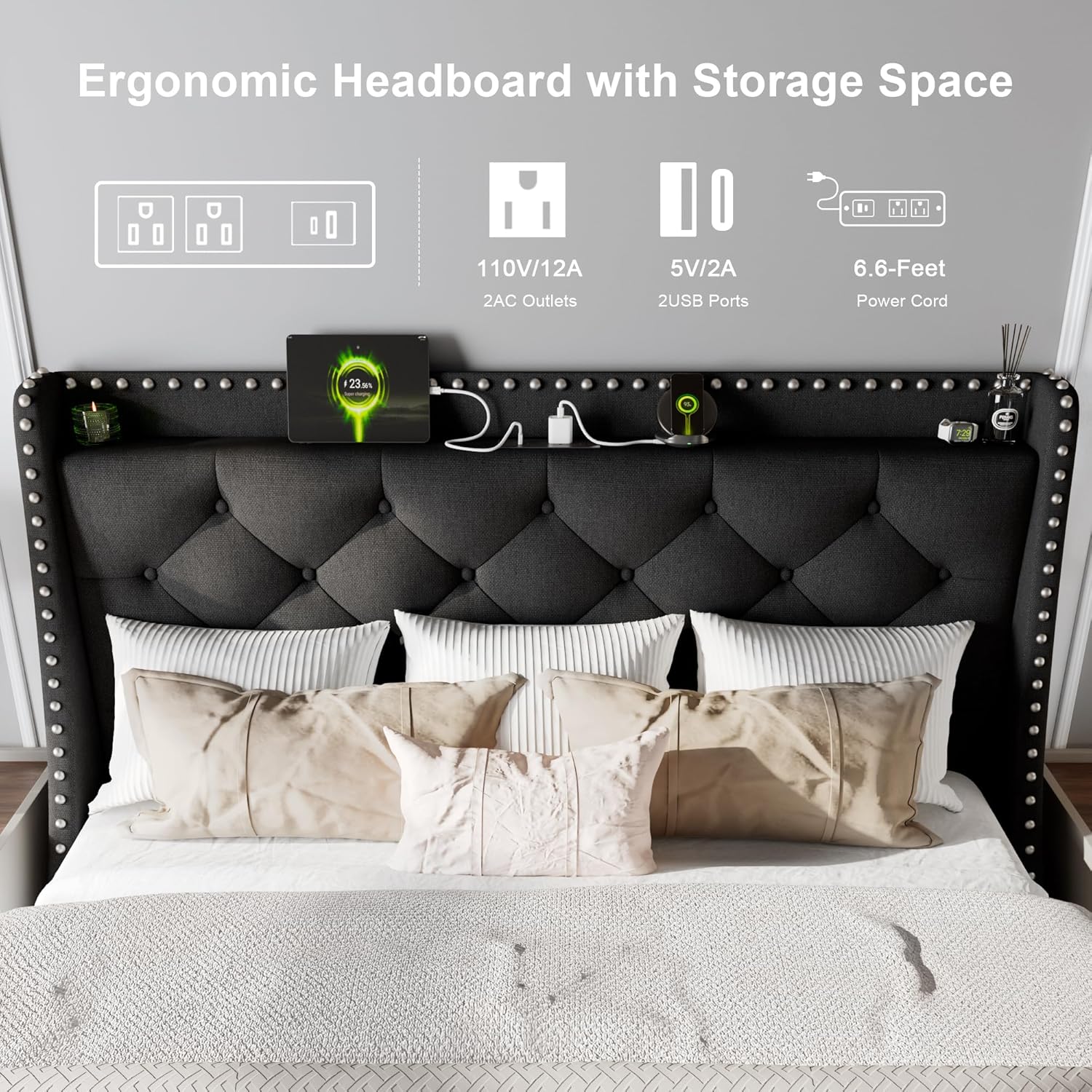 Feonase Bed Frame with Luxury Wingback and Charging Station