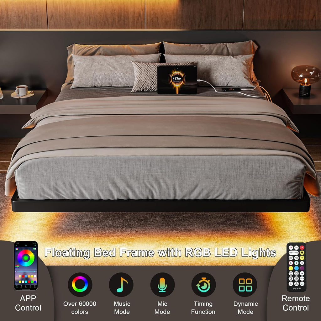 Feonase Queen Floating Bed Frame with Charging Station and Led Lights, Metal Bed Frame with Heavy Duty Steel Slats Supports, No Box Spring Needed, Easy Assembly, Noise Free, Black