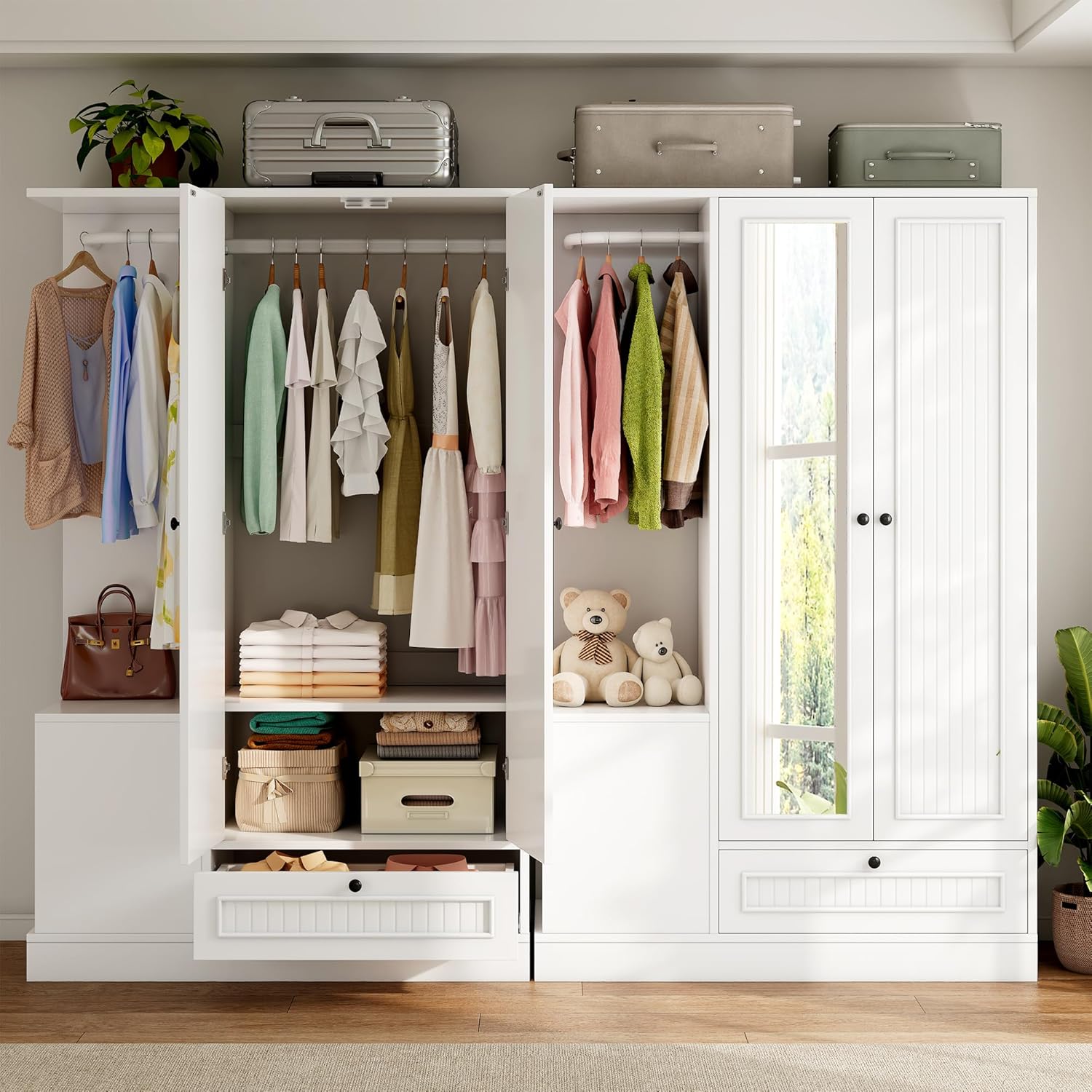 Feonase Armoire Wardrobe Closet with Mirror, Bedroom Armoires with 2 Doors, 1 Drawers and 3 Shelves, Large Clothing Storage Cabinet for Hanging Clothes, White