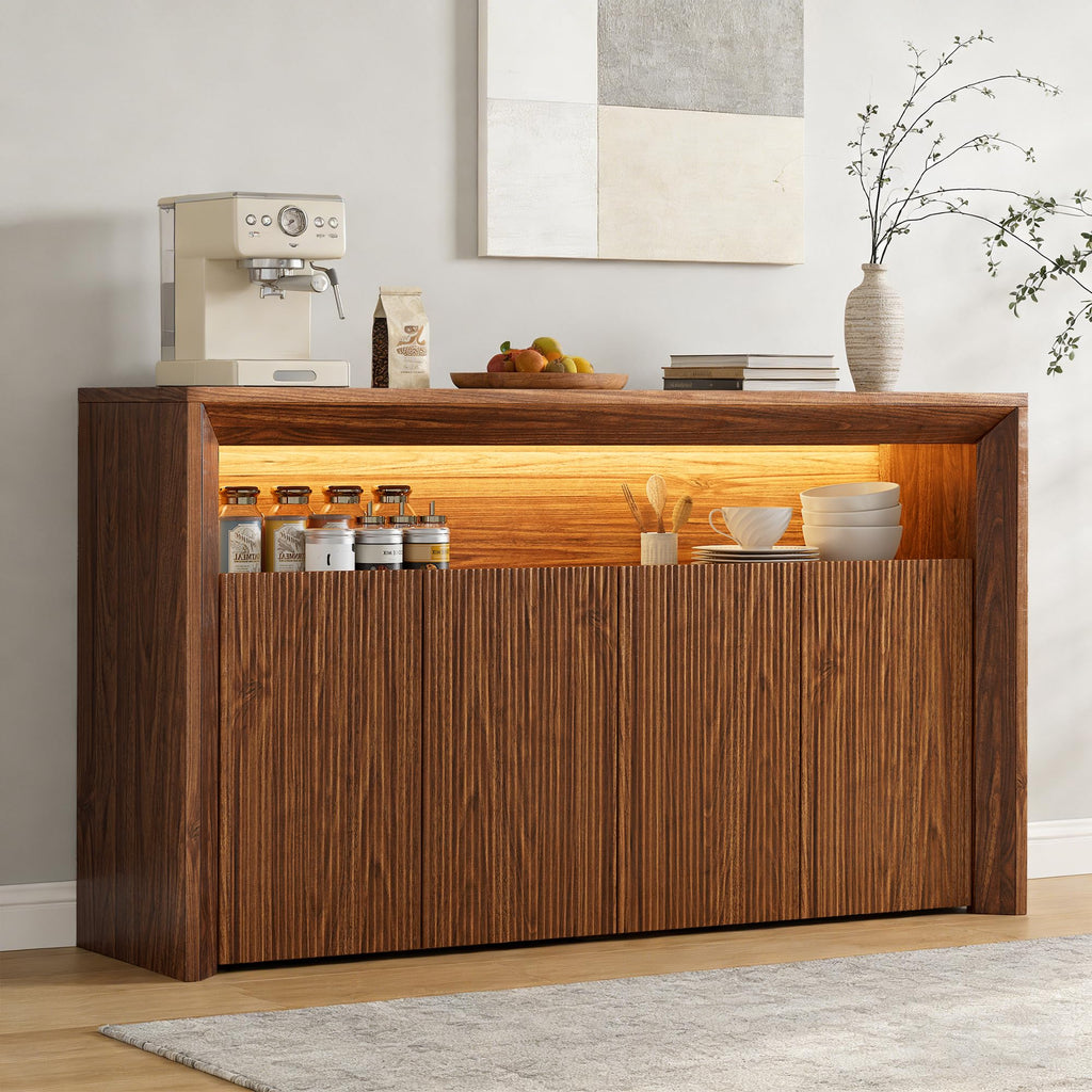 Feonase 66.2" Buffet Cabinet with Storage & Led Lights, Modern Sideboard Cabinet with 4 Doors & Shelves, Fluted Media Console Mid Century, Coffee Bar Table for Living Room Kitchen Dining Room, Oak
