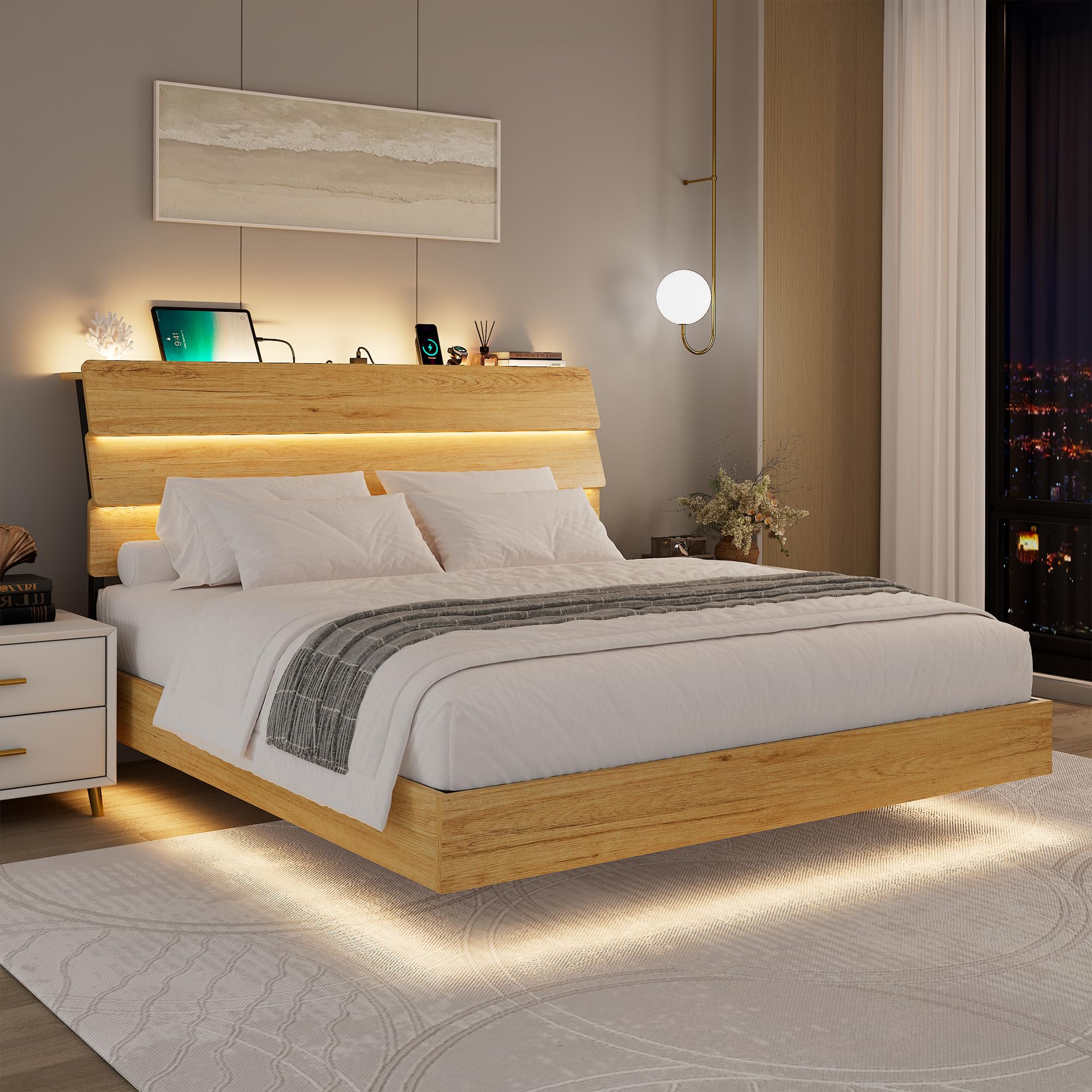 Feonase Floating Bed Frame Queen Size with Led Lights and Charging Station, Wood Queen Bed Frame with Storage Headboard, Heavy Duty Metal Slats, No Box Spring Needed, Easy Assembly, Black