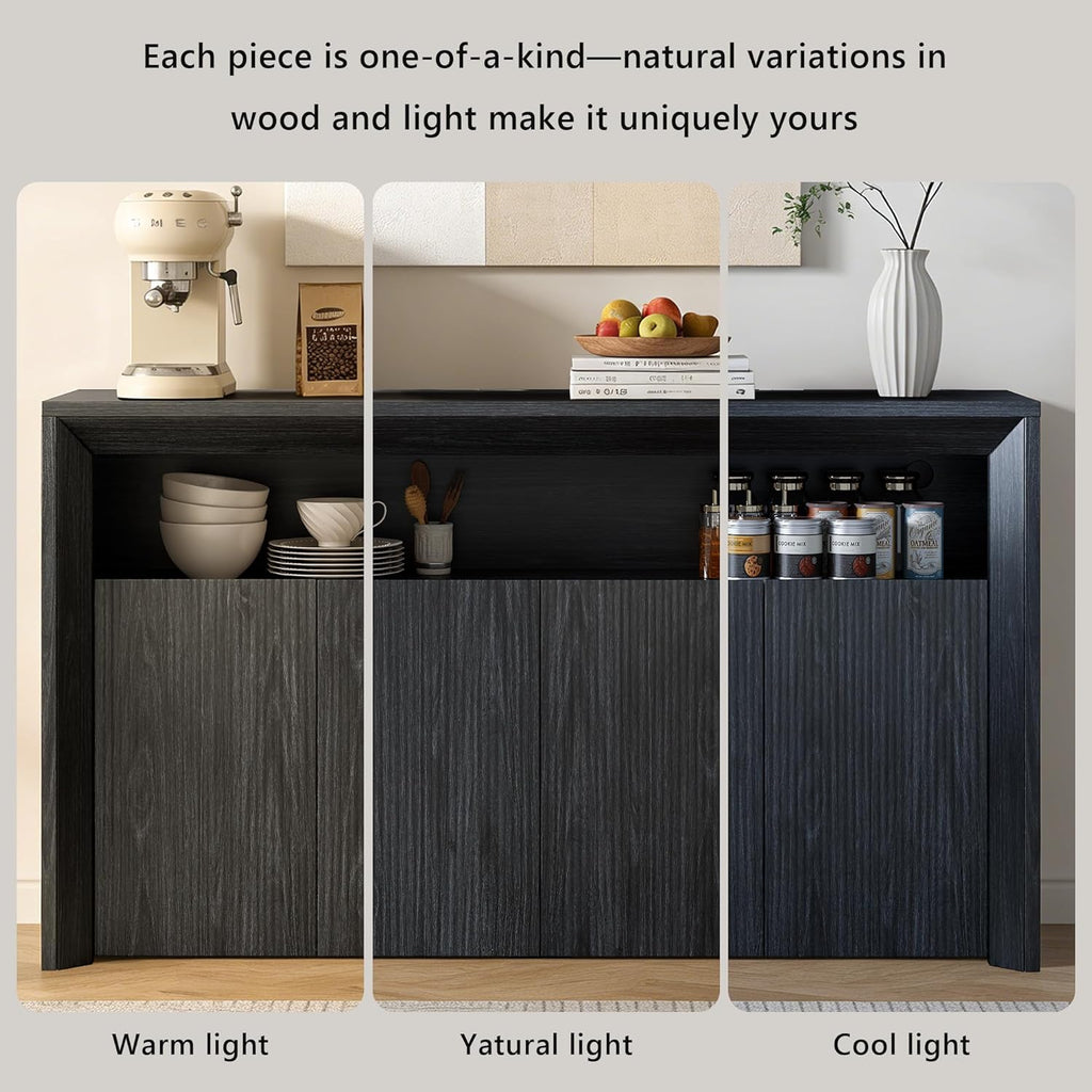 Feonase 66.2" Buffet Cabinet with Storage & Led Lights, Modern Sideboard Cabinet with 4 Doors & Shelves, Fluted Media Console Mid Century, Coffee Bar Table for Dining Room Kitchen, Dark Grey