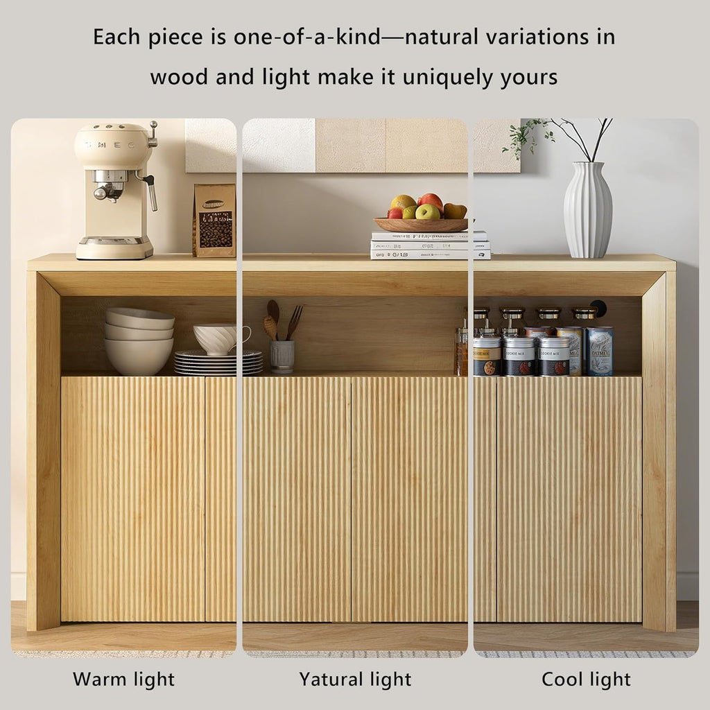 Feonase 66.2" Buffet Cabinet with Storage & Led Lights, Modern Sideboard Cabinet with 4 Doors & Shelves, Fluted Media Console Mid Century, Coffee Bar Table for Living Room Kitchen Dining Room, Oak