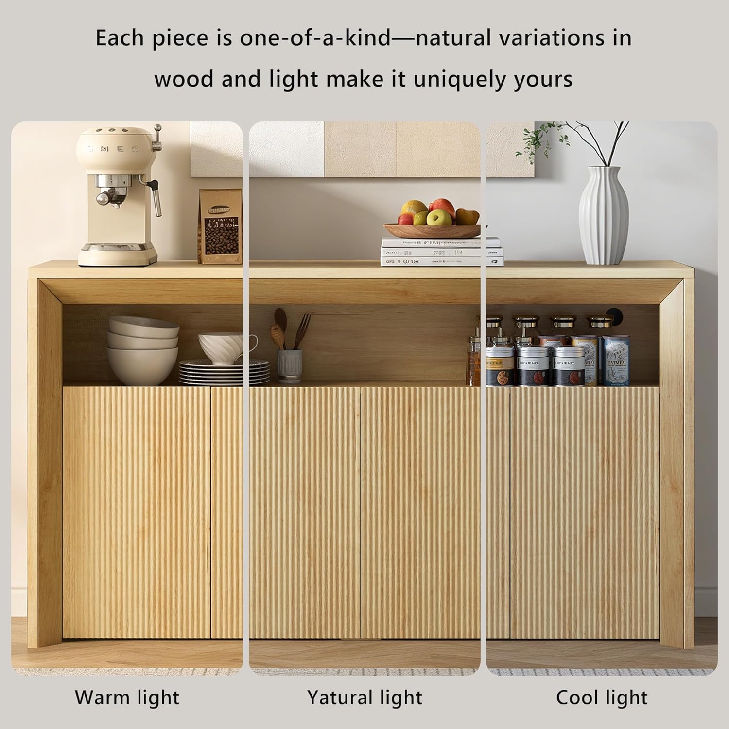 Feonase 66.2" Buffet Cabinet with Storage & Led Lights, Modern Sideboard Cabinet with 4 Doors & Shelves, Fluted Media Console Mid Century, Coffee Bar Table for Living Room Kitchen Dining Room, Oak