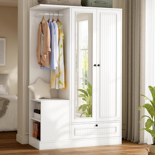 Feonase Armoire Wardrobe Closet with Mirror, Bedroom Armoires with 2 Doors, 1 Drawers and 3 Shelves, Large Clothing Storage Cabinet for Hanging Clothes, White