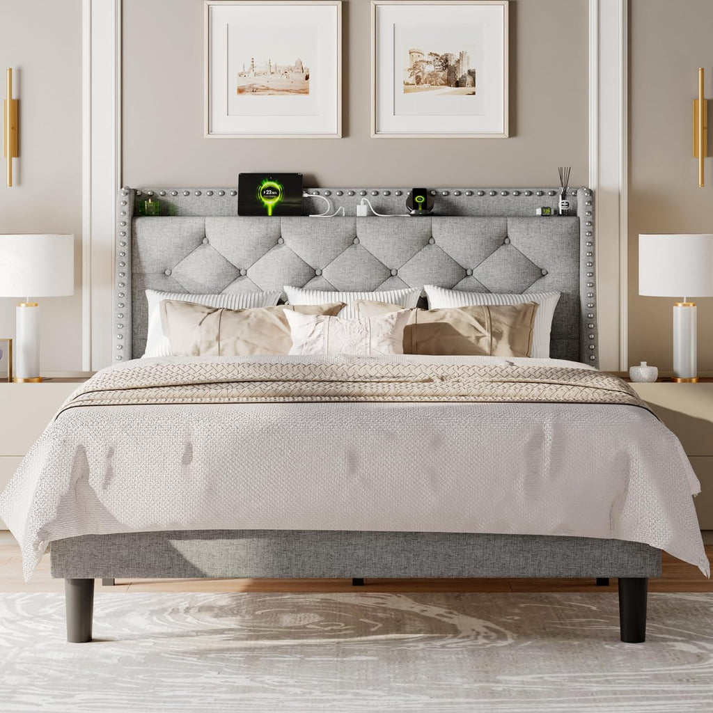 Feonase Bed Frame with Luxury Wingback and Charging Station