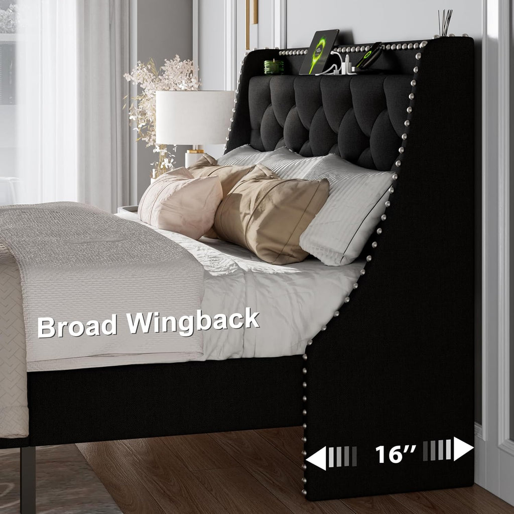 Feonase Bed Frame with Luxury Wingback and Charging Station