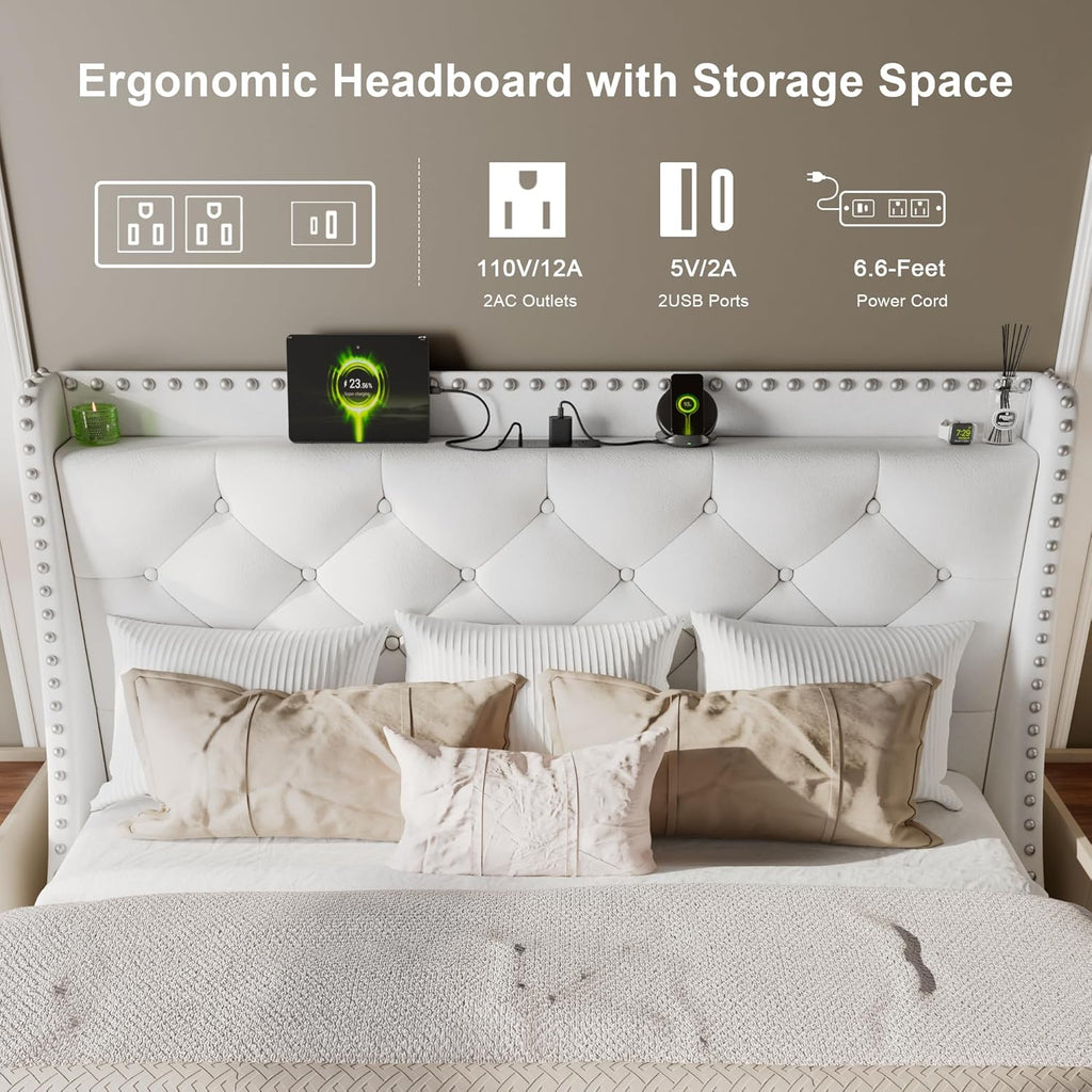 Feonase Bed Frame with Luxury Wingback and Charging Station