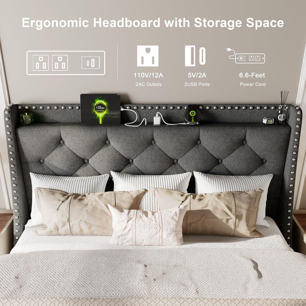 Feonase Bed Frame with Luxury Wingback and Charging Station