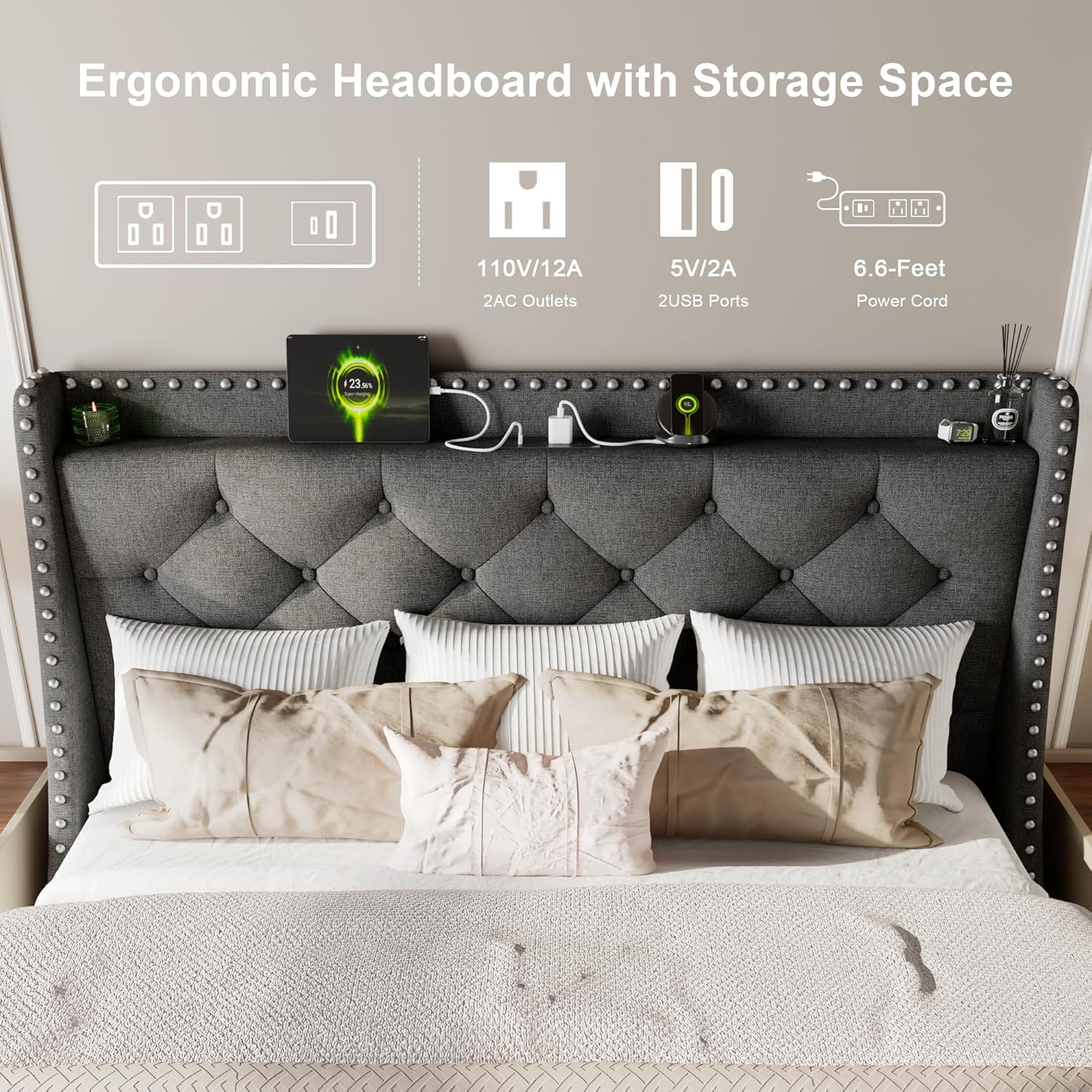 Feonase Bed Frame with Luxury Wingback and Charging Station
