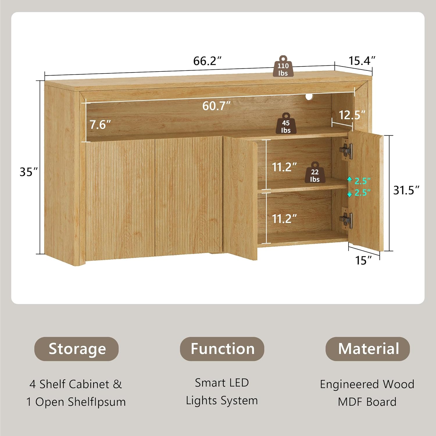 Feonase 66.2" Buffet Cabinet with Storage & Led Lights, Modern Sideboard Cabinet with 4 Doors & Shelves, Fluted Media Console Mid Century, Coffee Bar Table for Living Room Kitchen Dining Room, Oak