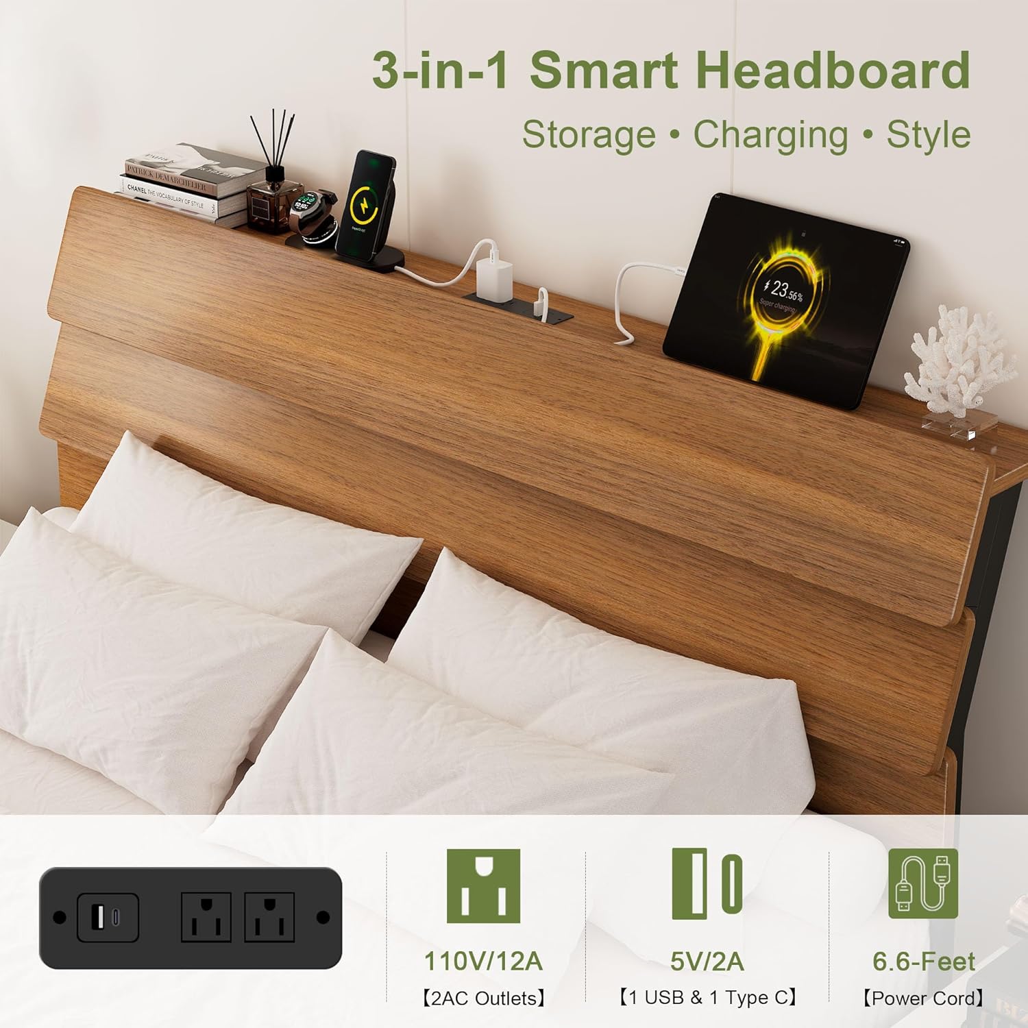 Feonase Floating Bed Frame Queen with Led Lights and Charging Station, Wood Full Size Bed Frame with Storage Headboard, Heavy Duty Metal Slats, No Box Spring Needed, Easy Assembly,Walnut