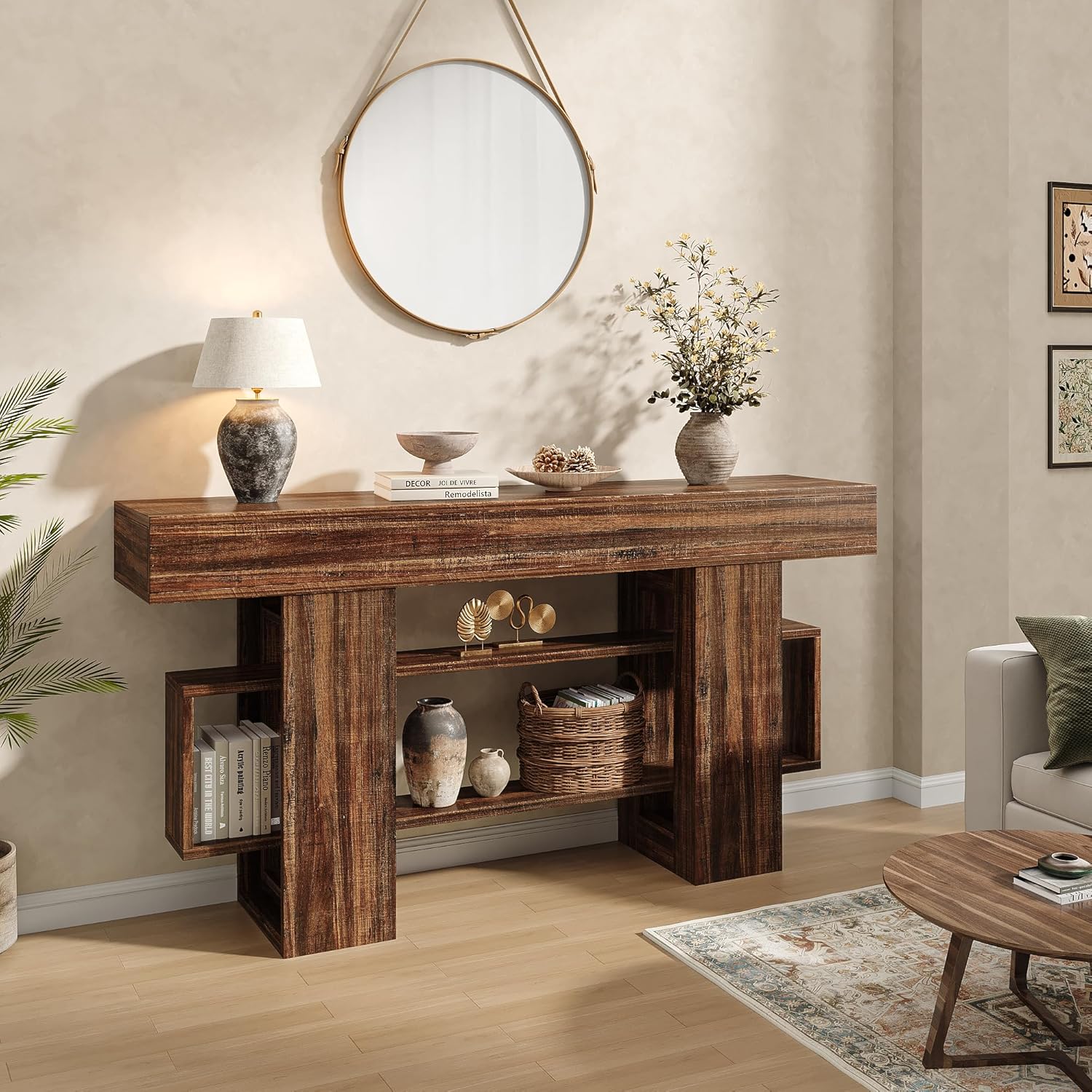 Feonase 63 Inches Long Console Table for Entryway, Wooden Sofa Table Behind Couch with 3-Tier Storage, Farmhouse Narrow Entry Hallway Table for Living Room Foyer Entrance, Rustic Brown