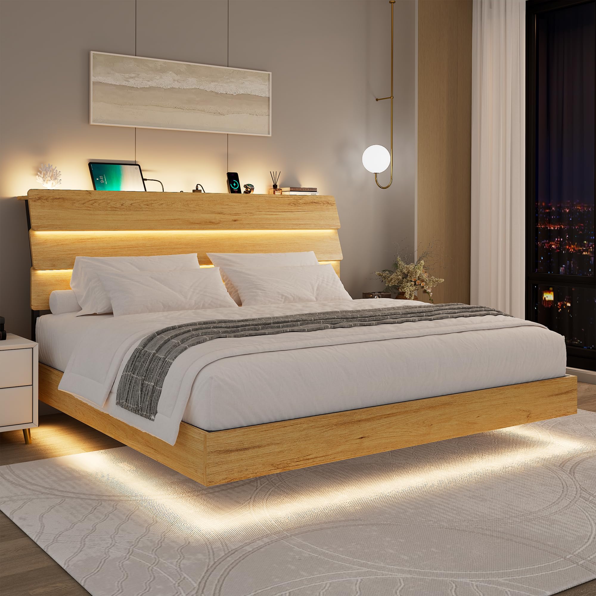 Feonase Floating Bed Frame Queen Size with Led Lights and Charging Station, Wood Queen Bed Frame with Storage Headboard, Heavy Duty Metal Slats, No Box Spring Needed, Easy Assembly, Black