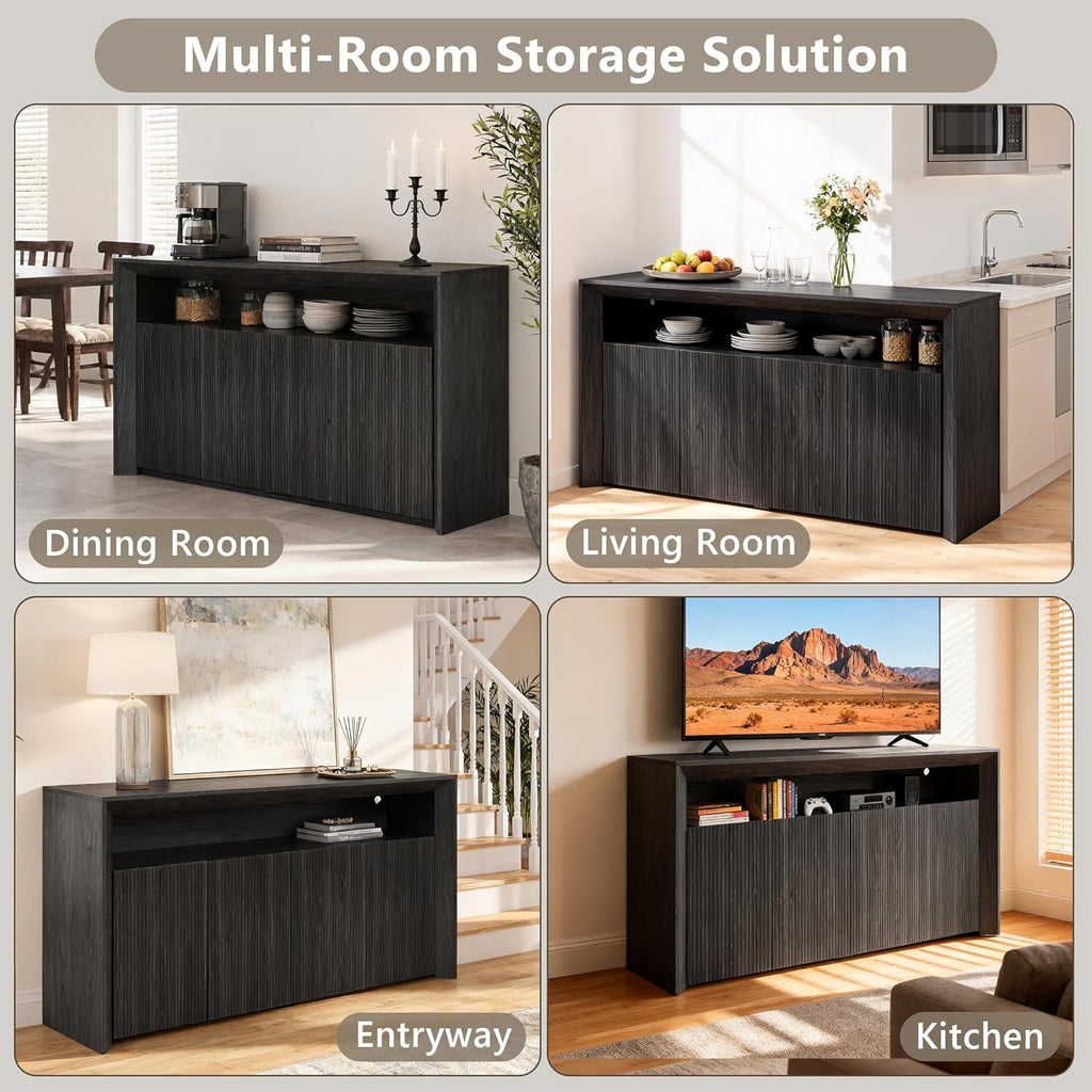 Feonase 66.2" Buffet Cabinet with Storage & Led Lights, Modern Sideboard Cabinet with 4 Doors & Shelves, Fluted Media Console Mid Century, Coffee Bar Table for Dining Room Kitchen, Dark Grey