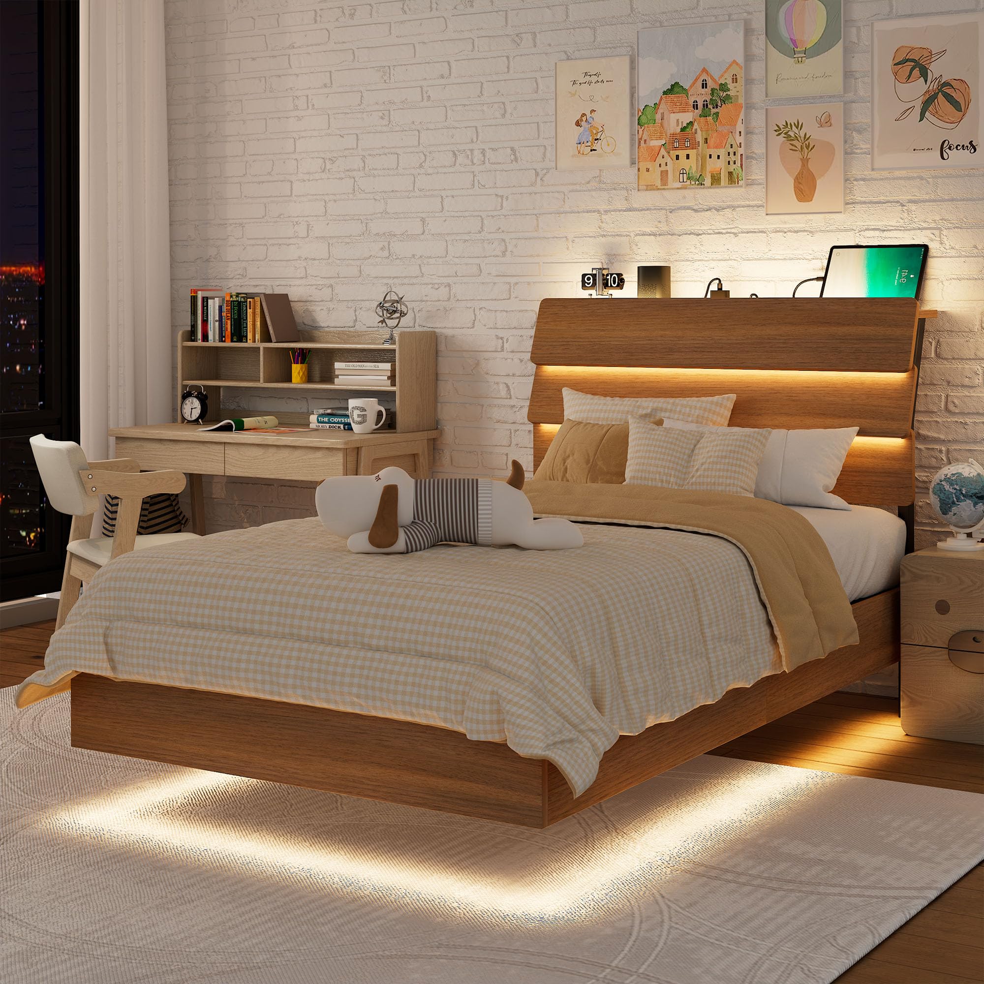 Feonase Floating Bed Frame Queen Size with Led Lights and Charging Station, Wood Queen Bed Frame with Storage Headboard, Heavy Duty Metal Slats, No Box Spring Needed, Easy Assembly, Black