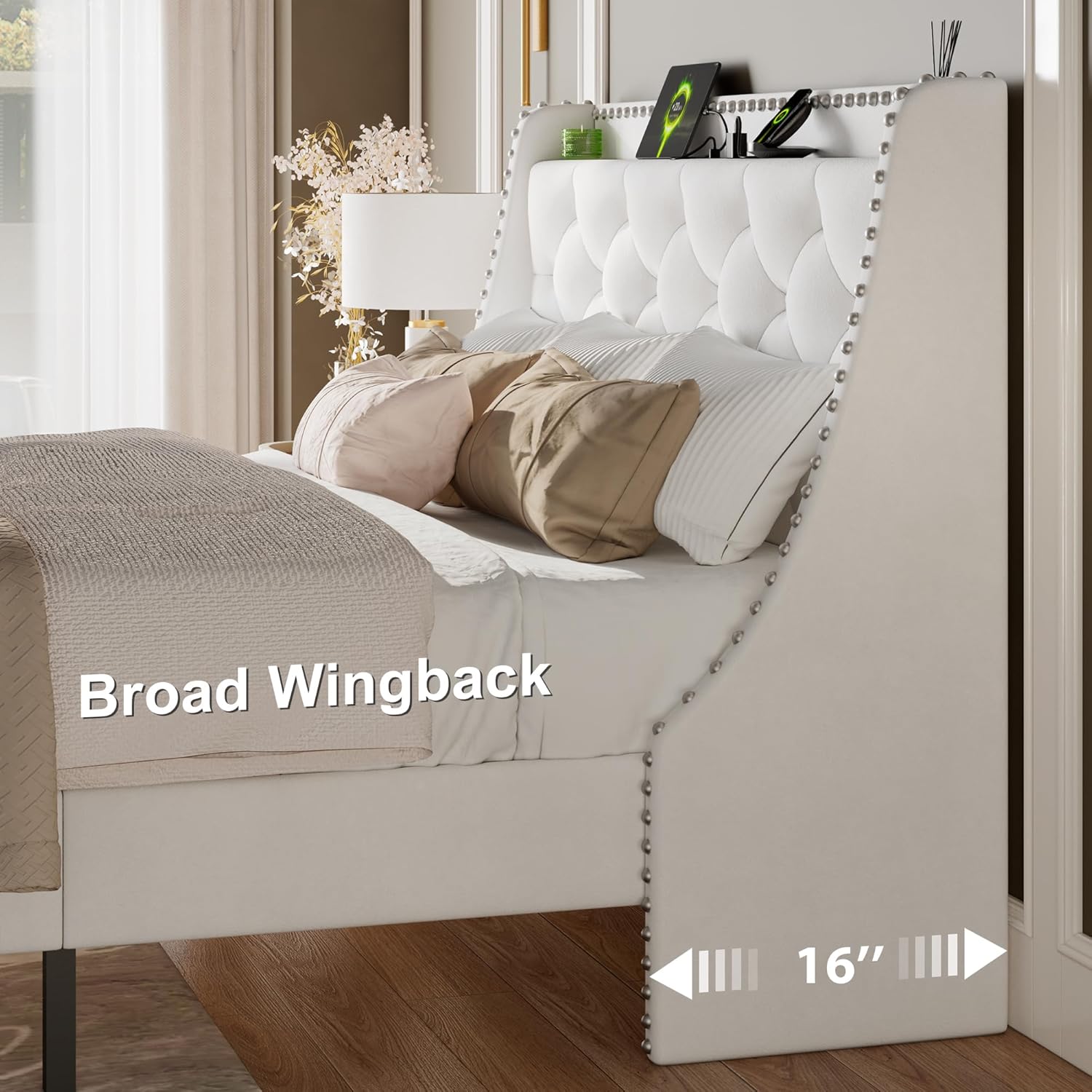 Feonase Bed Frame with Luxury Wingback and Charging Station