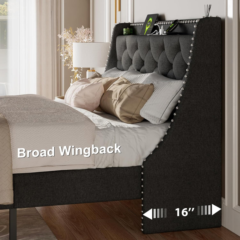 Feonase Bed Frame with Luxury Wingback and Charging Station