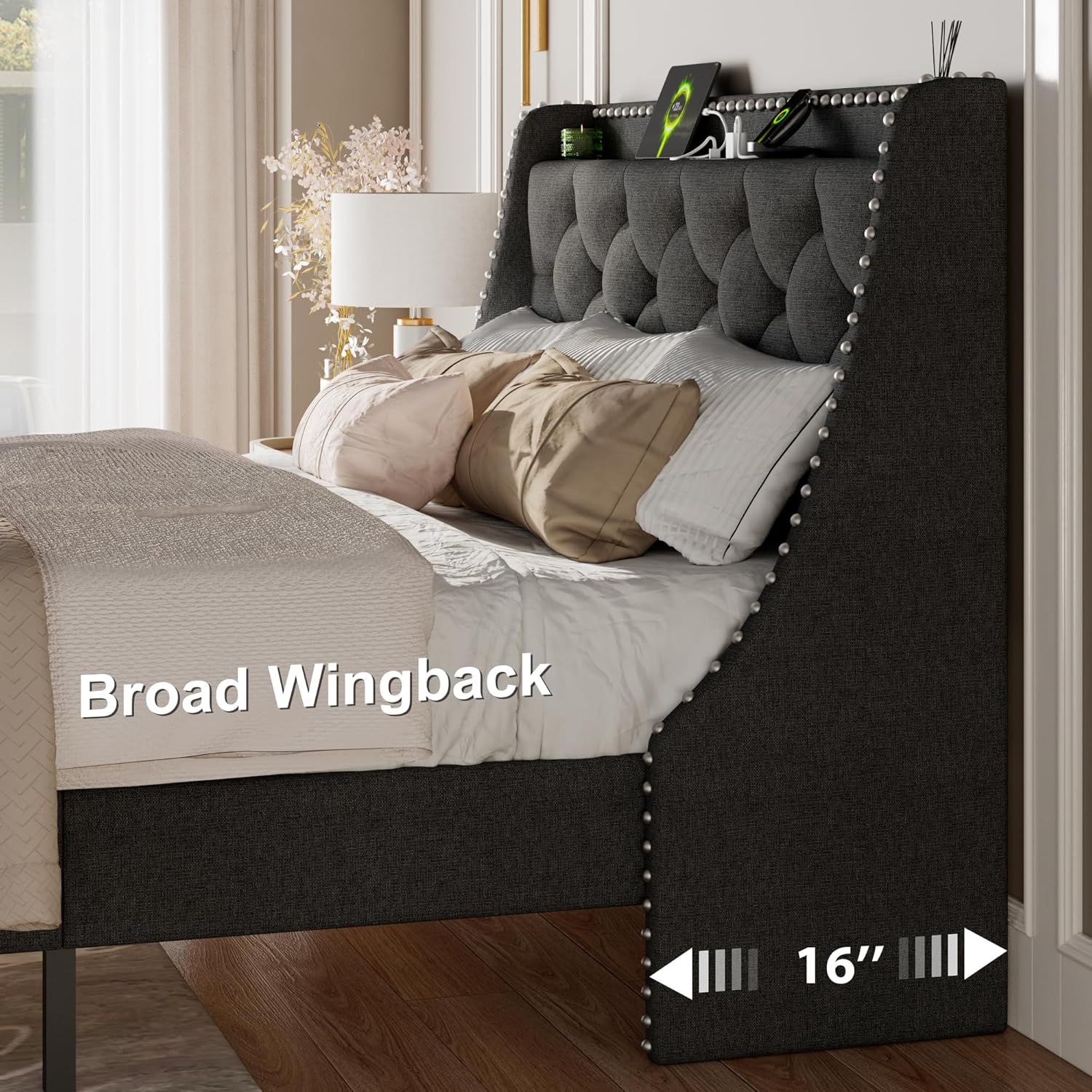 Feonase Bed Frame with Luxury Wingback and Charging Station