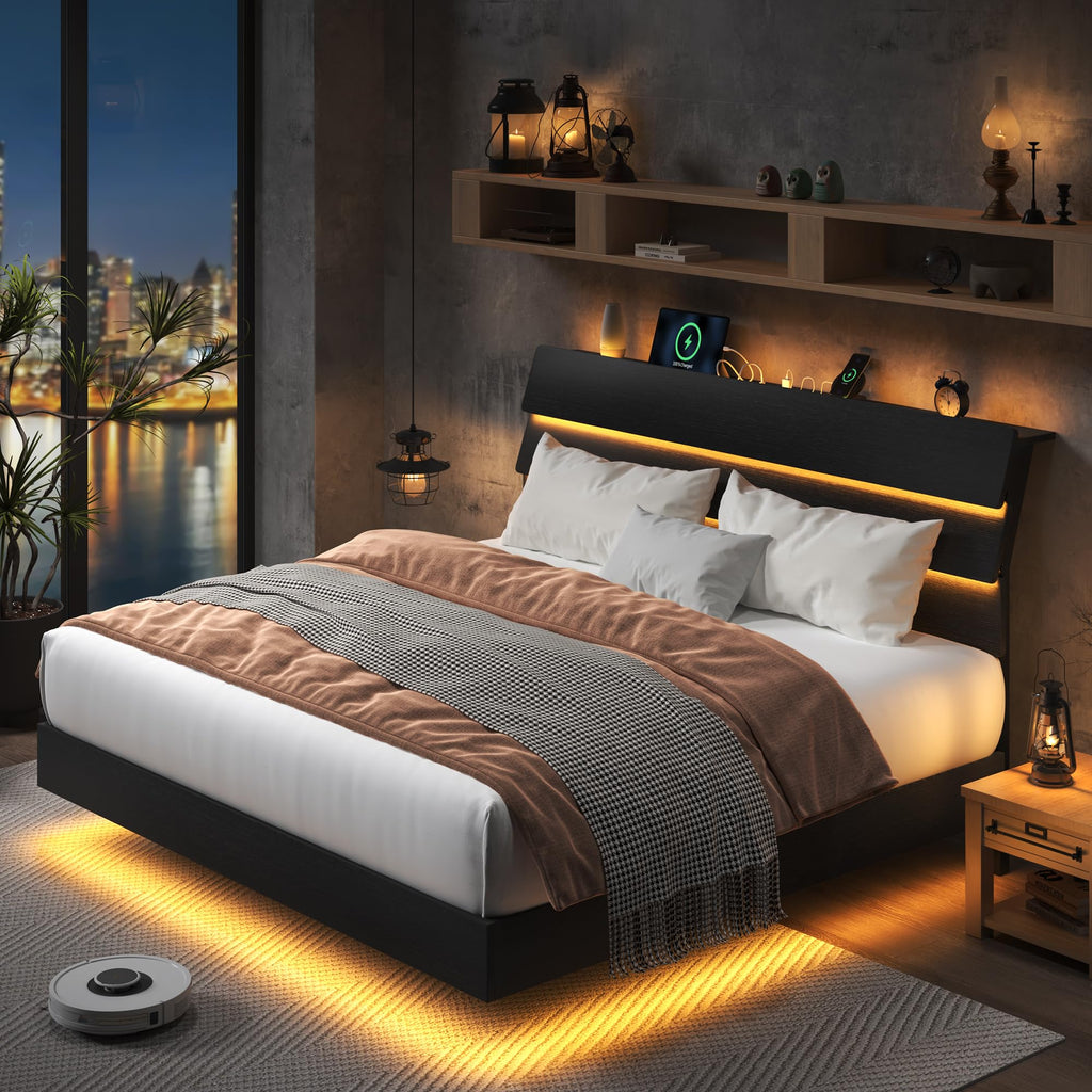 Feonase Floating Bed Frame Queen Size with Led Lights and Charging Station, Wood Queen Bed Frame with Storage Headboard, Heavy Duty Metal Slats, No Box Spring Needed, Easy Assembly, Black