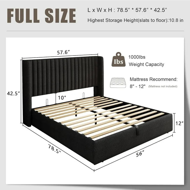 iPormis Full Size Bed Frame with Lift up Storage & Wingback Headboard