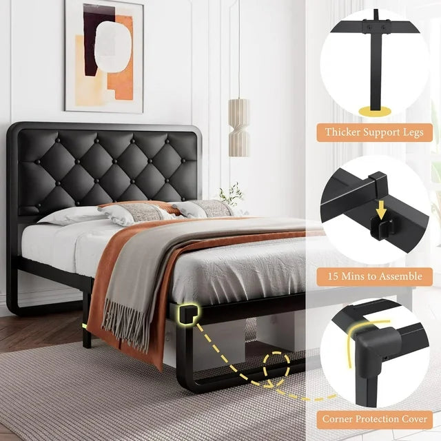 iPormis Queen Size Metal Bed Frame with Linen Upholstered Headboard, 12'' Underbed Space
