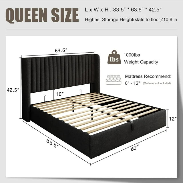 iPormis Full Size Bed Frame with Lift up Storage & Wingback Headboard