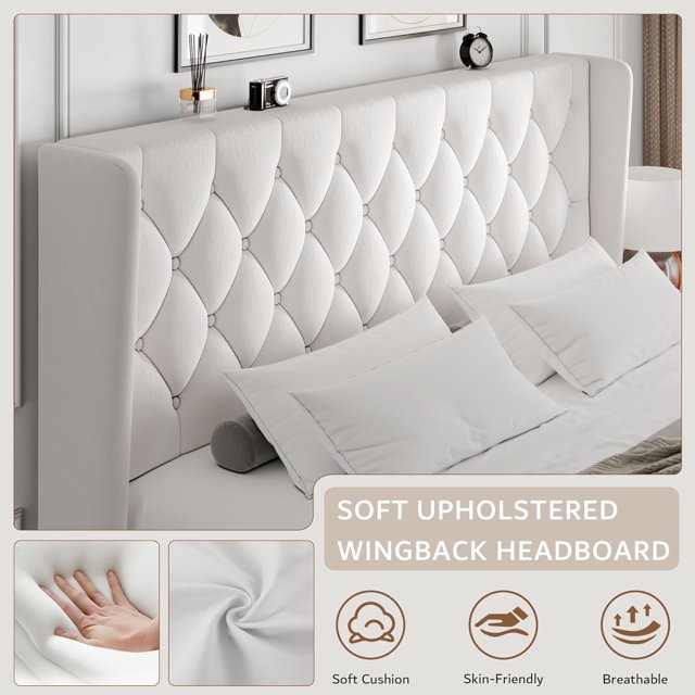 iPormis Bed Frame with Diamond Button Tufted Wingback Headboard, Upholstered Platform Bed Frame