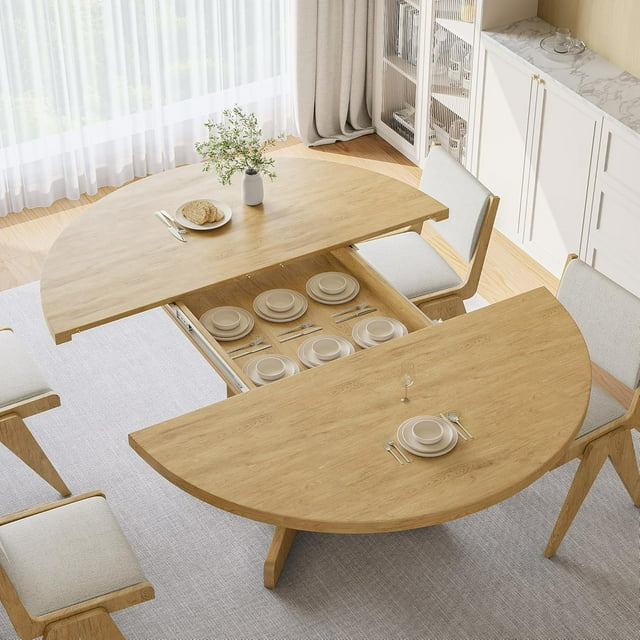 iPormis 59" Extendable Round Dining Table for 6 Modern Kitchen Table with Sturdy Wooden Base, Dining Room Table with Thickened MDF Board