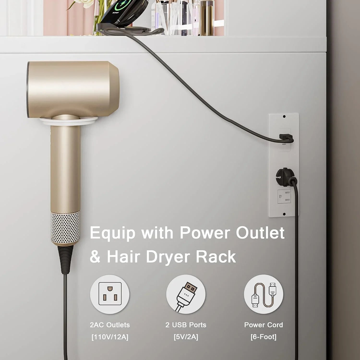 iPormis Vanity Desk with Mirror and Lights, Glass Top Makeup Vanity with RGB Light and Charging Station