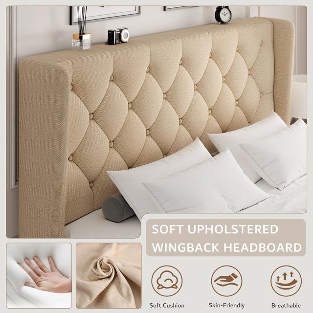 iPormis Bed Frame with Diamond Button Tufted Wingback Headboard, Upholstered Platform Bed Frame