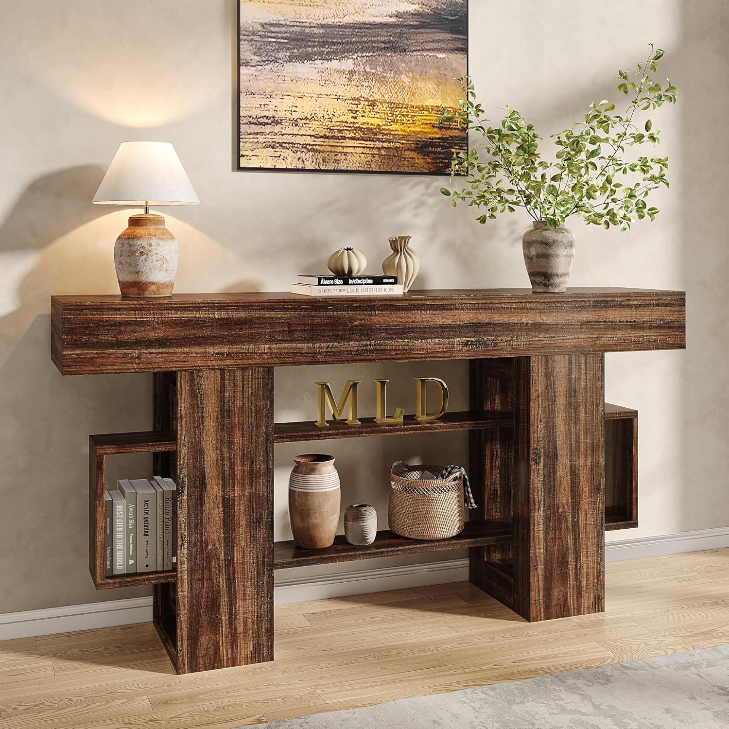 Feonase 63 Inches Long Console Table for Entryway, Wooden Sofa Table Behind Couch with 3-Tier Storage, Farmhouse Narrow Entry Hallway Table for Living Room Foyer Entrance, Rustic Brown