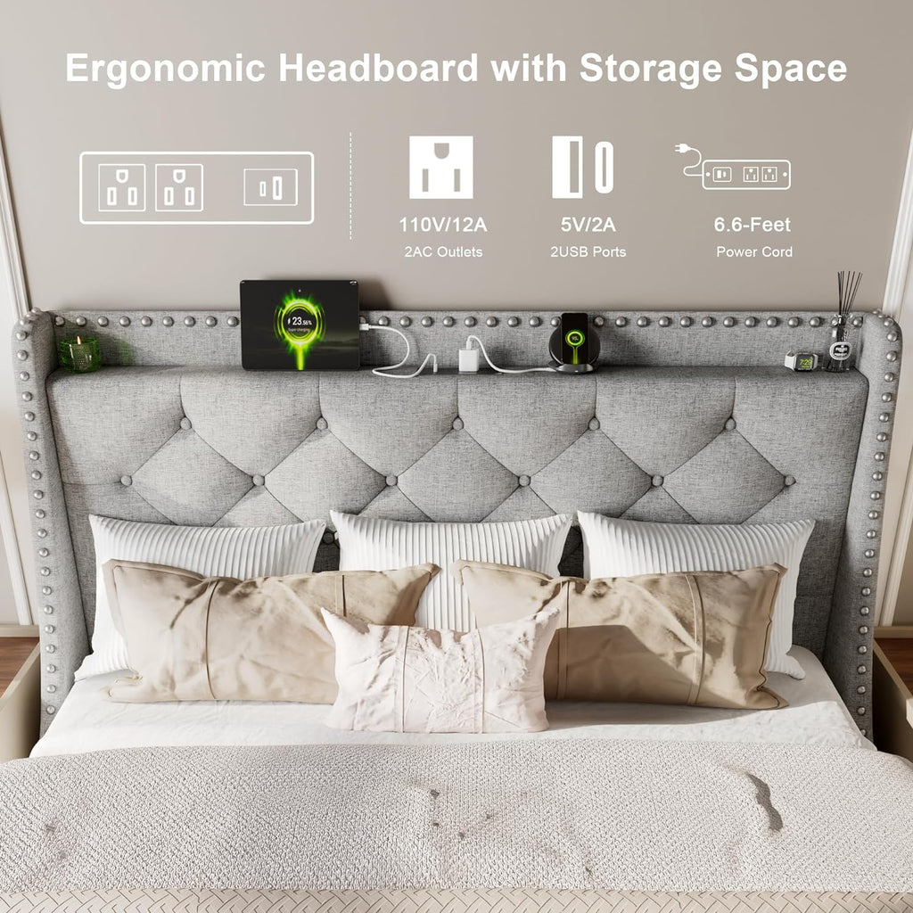 Feonase Bed Frame with Luxury Wingback and Charging Station