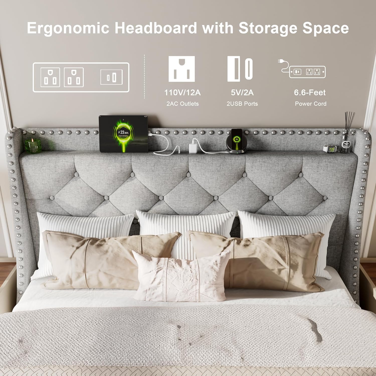 Feonase Bed Frame with Luxury Wingback and Charging Station