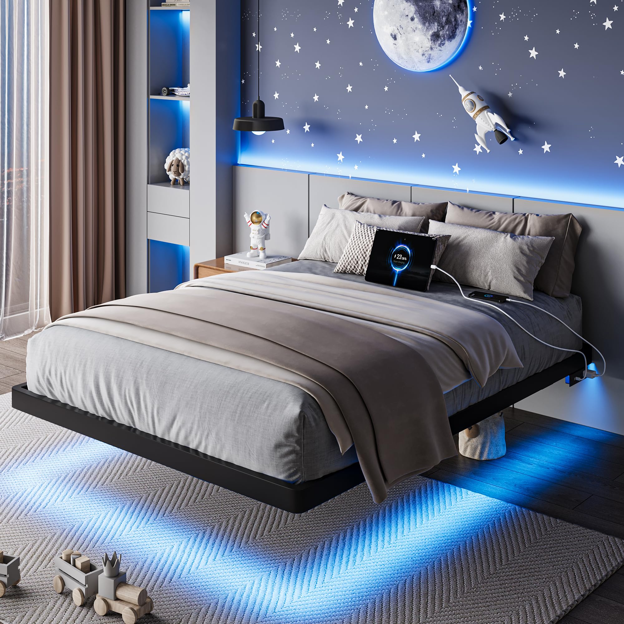 Feonase Queen Floating Bed Frame with Charging Station and Led Lights, Metal Bed Frame with Heavy Duty Steel Slats Supports, No Box Spring Needed, Easy Assembly, Noise Free, Black