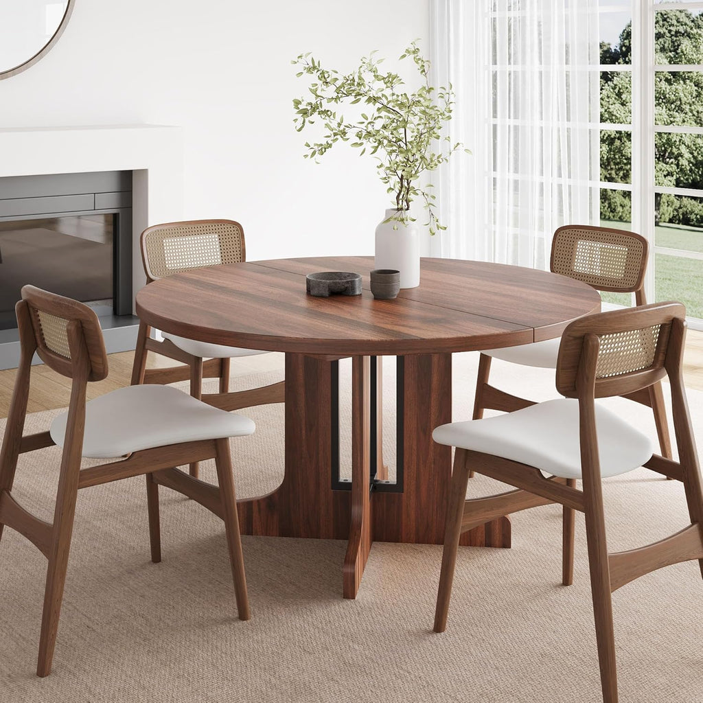 Feonase 59" Round Extendable Dining Room Table for 4-6, Modern Oval Kitchen Table with Heavy Duty Wood Base, Metal Frame Support, for Dining Kitchen Living Room, Easy Assembly, Noise-Free, Walnut