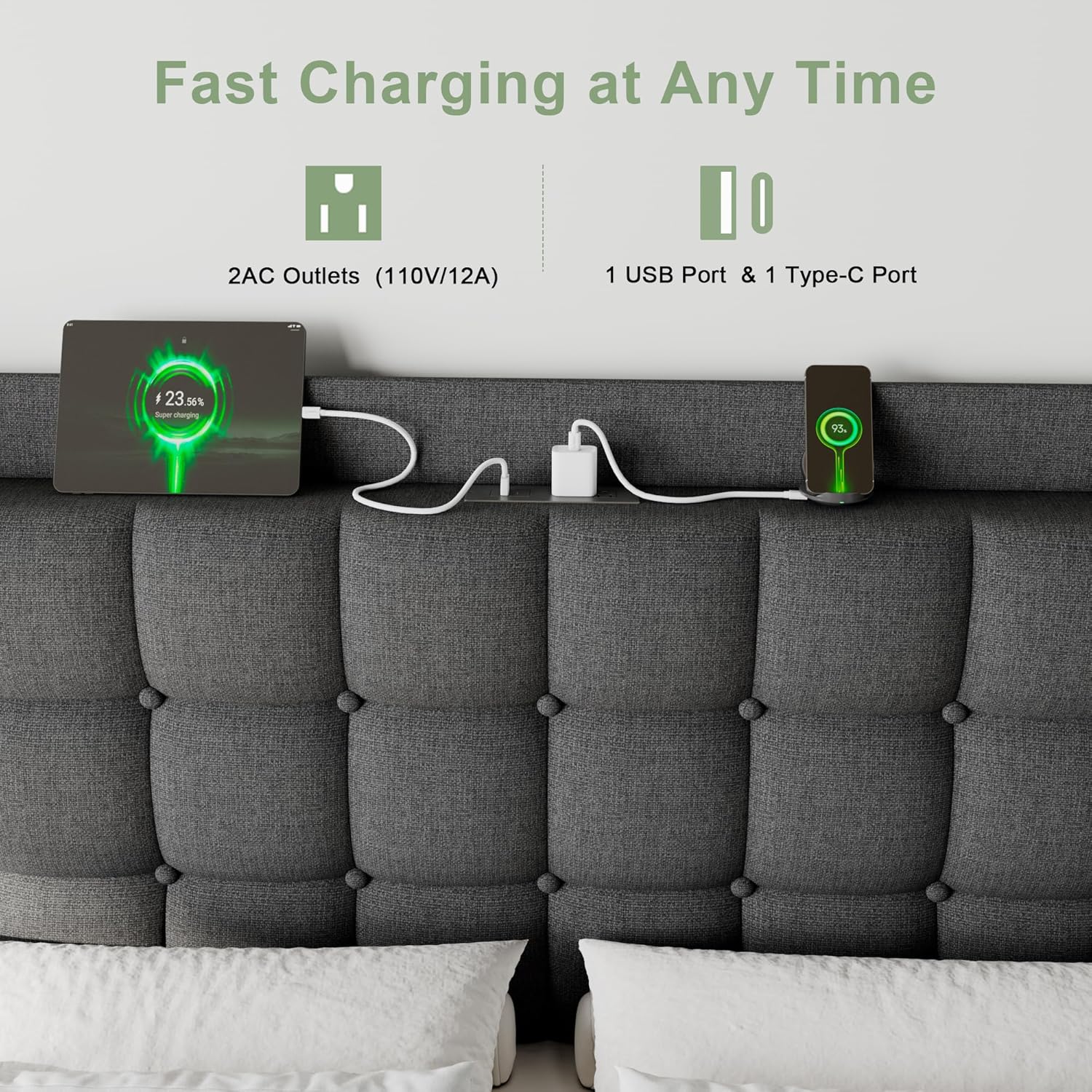 Feonase Bed Frame with Charging Station, Upholstered Platform Frame with Wingback Storage Headboard