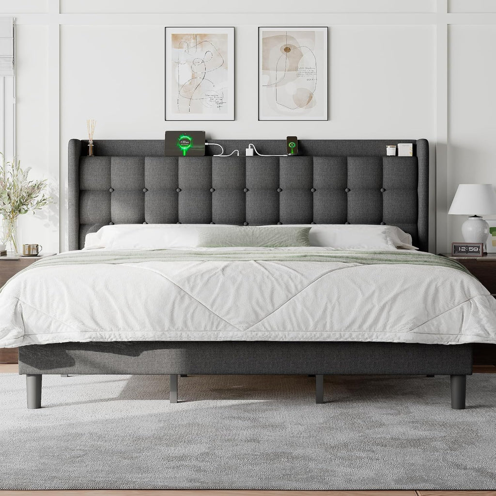 Feonase Bed Frame with Charging Station, Upholstered Platform Frame with Wingback Storage Headboard