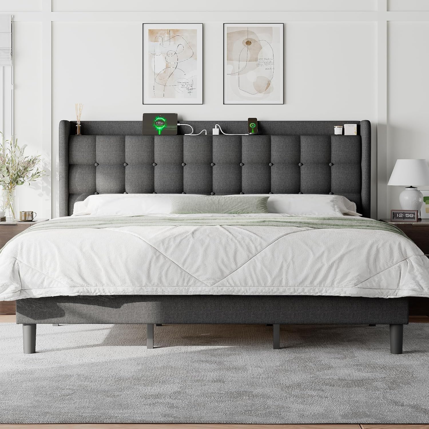 Feonase Bed Frame with Charging Station, Upholstered Platform Frame with Wingback Storage Headboard