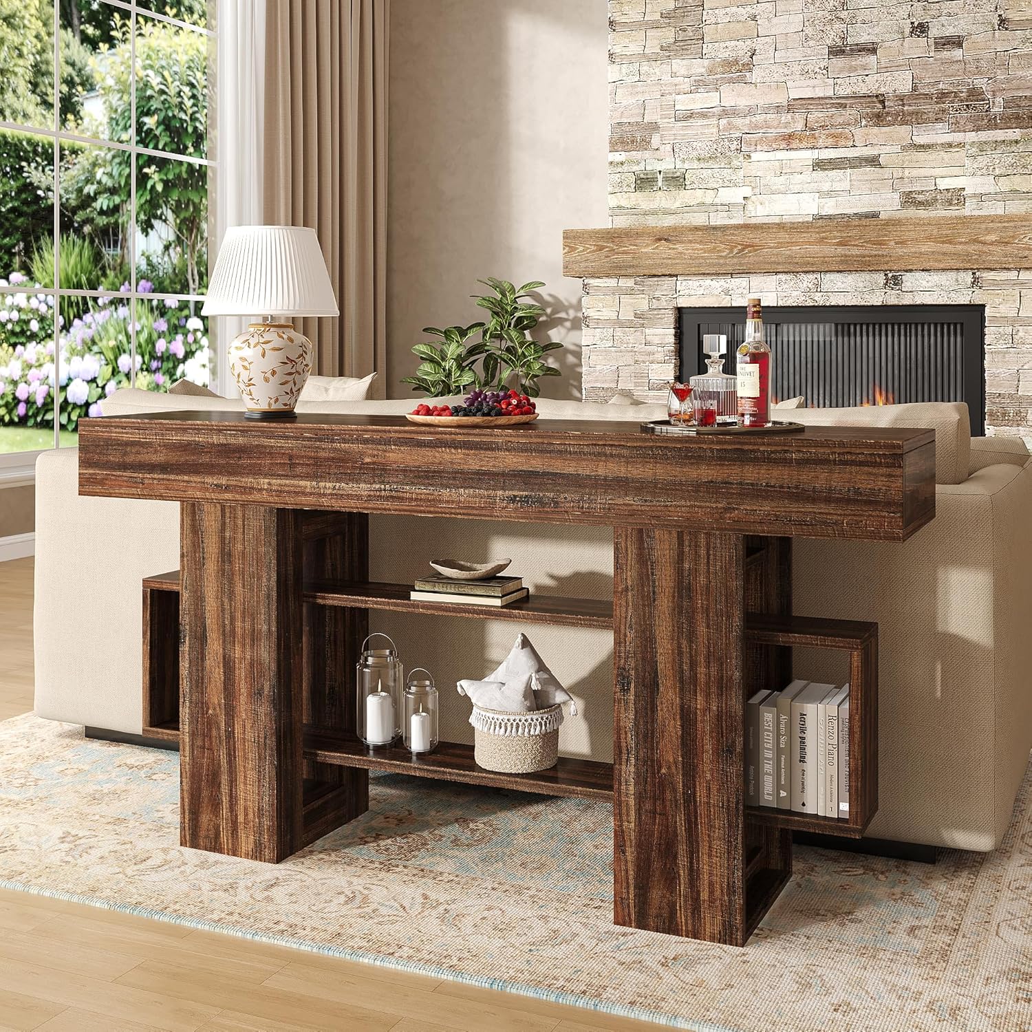 Feonase 63 Inches Long Console Table for Entryway, Wooden Sofa Table Behind Couch with 3-Tier Storage, Farmhouse Narrow Entry Hallway Table for Living Room Foyer Entrance, Rustic Brown