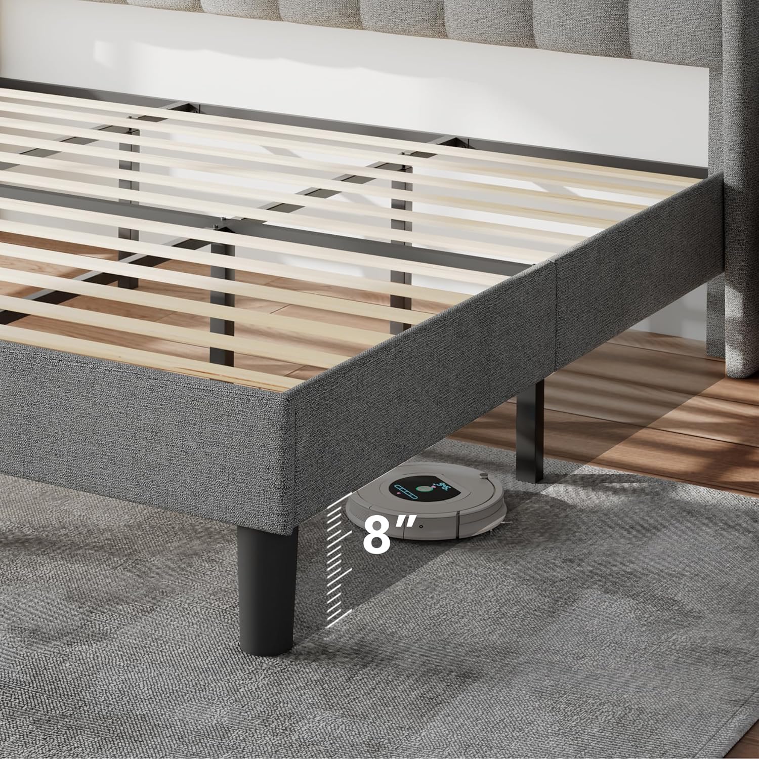 Feonase Bed Frame with Charging Station, Upholstered Platform Frame with Wingback Storage Headboard