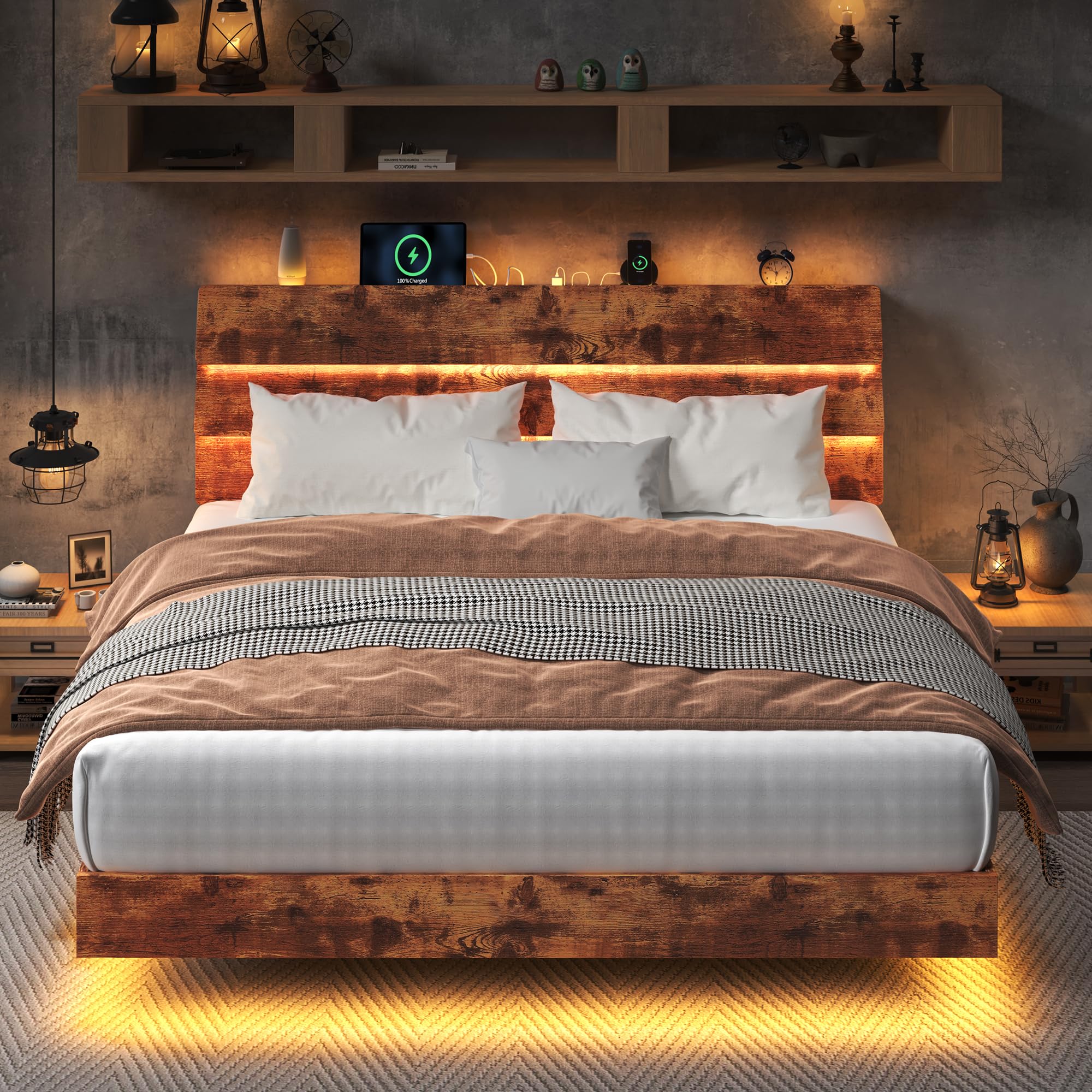 Feonase Floating Bed Frame Queen Size with Led Lights and Charging Station, Wood Queen Bed Frame with Storage Headboard, Heavy Duty Metal Slats, No Box Spring Needed, Easy Assembly, Black