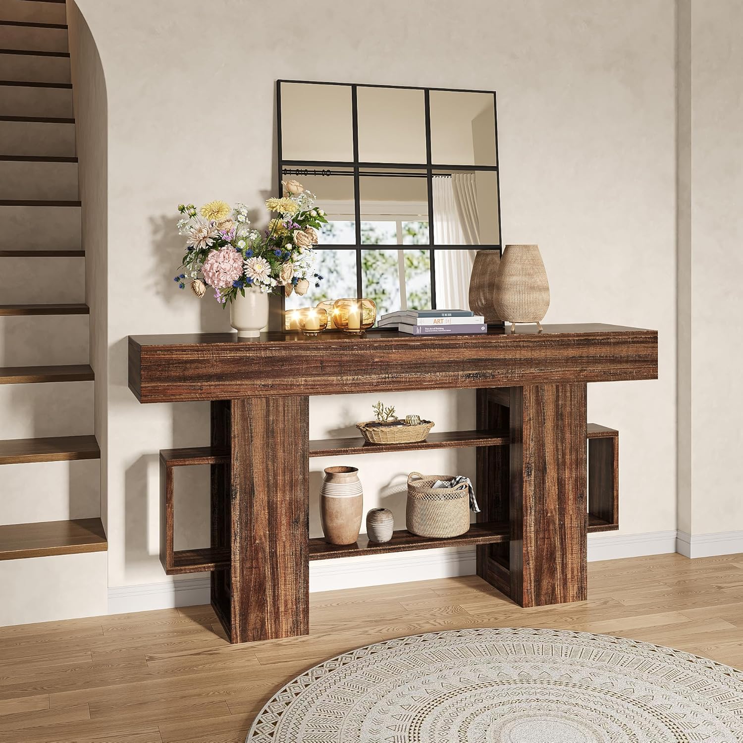 Feonase 63 Inches Long Console Table for Entryway, Wooden Sofa Table Behind Couch with 3-Tier Storage, Farmhouse Narrow Entry Hallway Table for Living Room Foyer Entrance, Rustic Brown