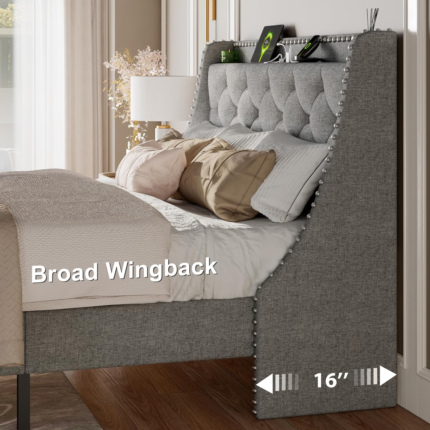 Feonase Bed Frame with Luxury Wingback and Charging Station